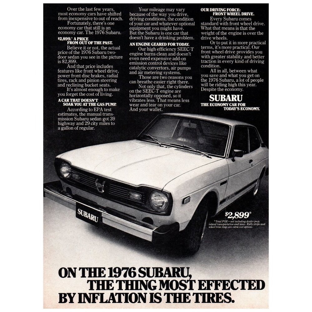 1976 Subaru 2 Door Sedan White Vintage Print Ad Tires Most Effected by Inflation